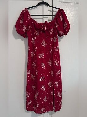 RIHOAS Crimson Floral Puff-Sleeve Midi Dress with Front Tie